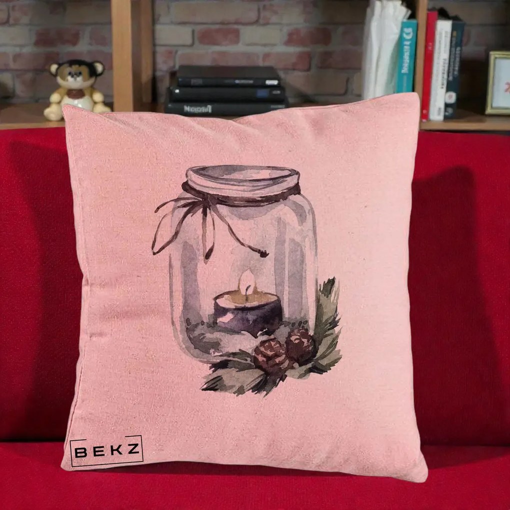 Perna Decorativa Felinar cu Lumanare si Conuri, 40x40 cm, Roz, Husa Detasabila, Perna Inclusa, BEKZ®