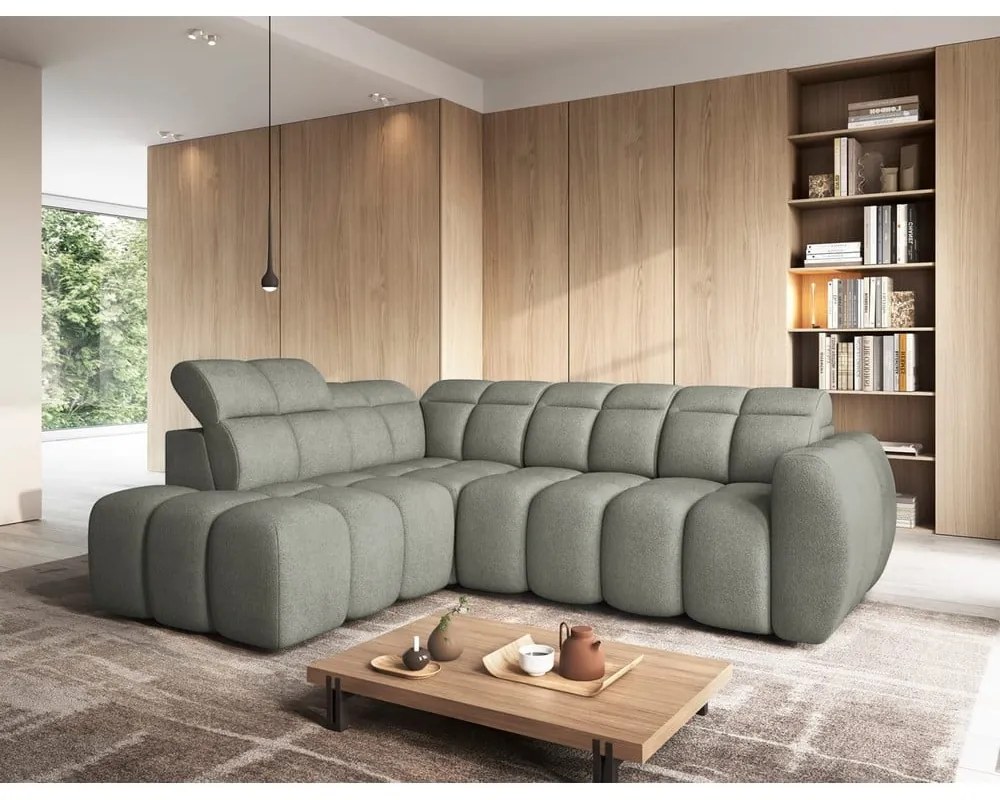 Colțar verde prăfuit extensibil/cu spațiu de depozitare cu tapițerie din țesătură bouclé (cu colț pe partea stângă/în formă de ”L”) Falconn – ELTAP