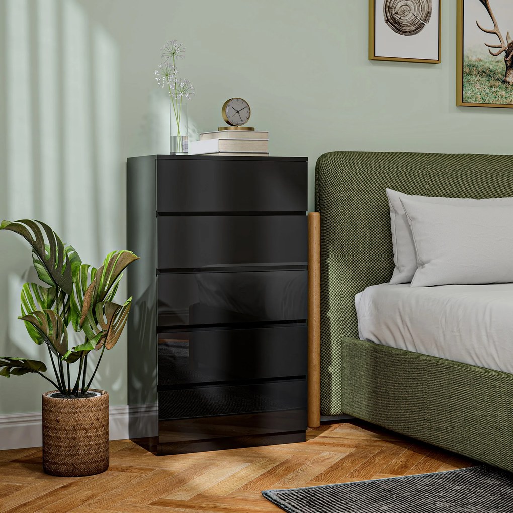 HOMCOM Comodă cu 5 Sertare din Lemn, pentru Dormitor, Design Modern și Multifuncțional, 55x34x100 cm, Negru | Aosom Romania