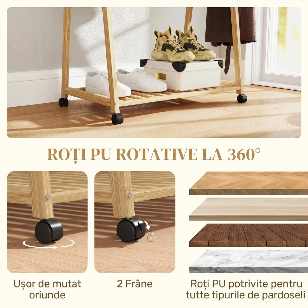 HOMCOM Cuier din Bambus cu Raft pentru Încălțăminte, 2 Cârlige, Cuier Mobil pentru Hol, Sufragerie, Natural | Aosom Romania