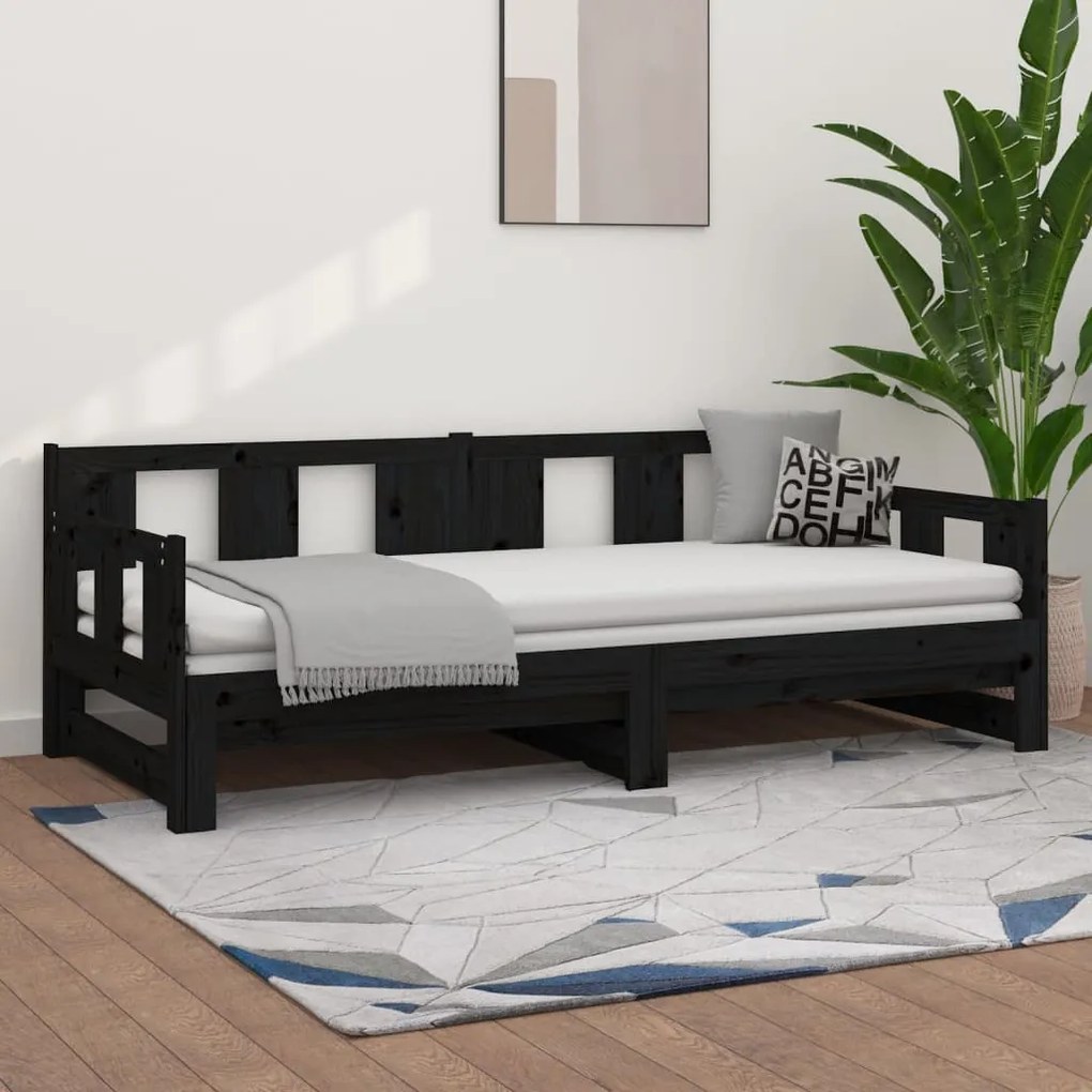 820286 vidaXL Pat extensibil de zi, negru, 2x(90x200) cm, lemn masiv pin