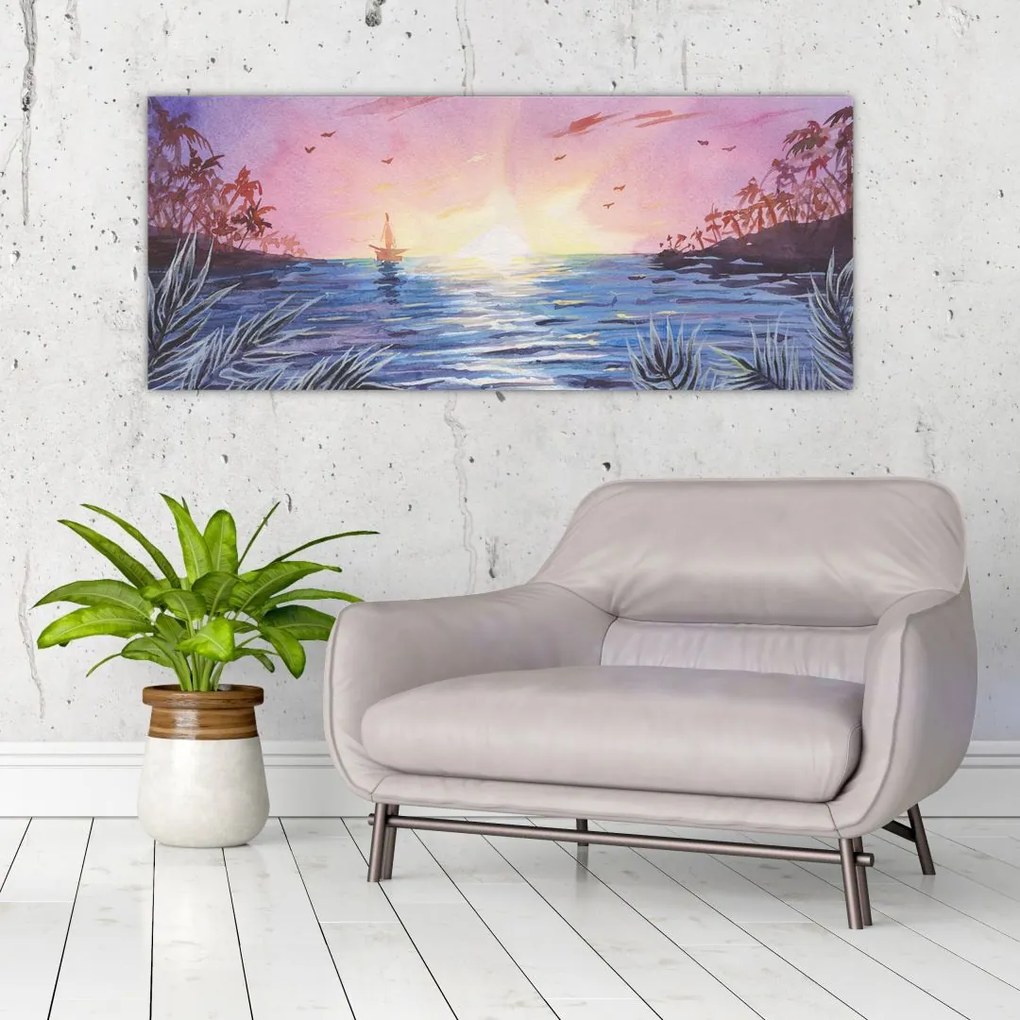 Tablou - Apus de soare deasupra apei, aquarelă (120x50 cm)
