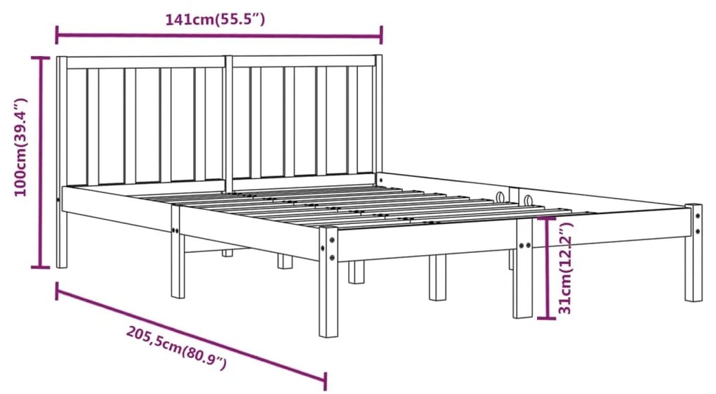 Cadru de pat dublu 4FT6, gri, 135x190 cm, lemn masiv pin Gri, 135 x 190 cm