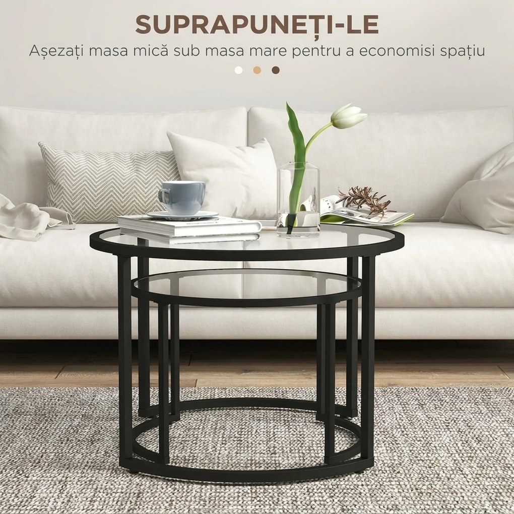 HOMCOM Set de 2 Mese de Cafea Suprapozabile din Sticlă și Oțel, Ø70x47.5 cm și Ø54x42.5 cm, Negru | Aosom Romania