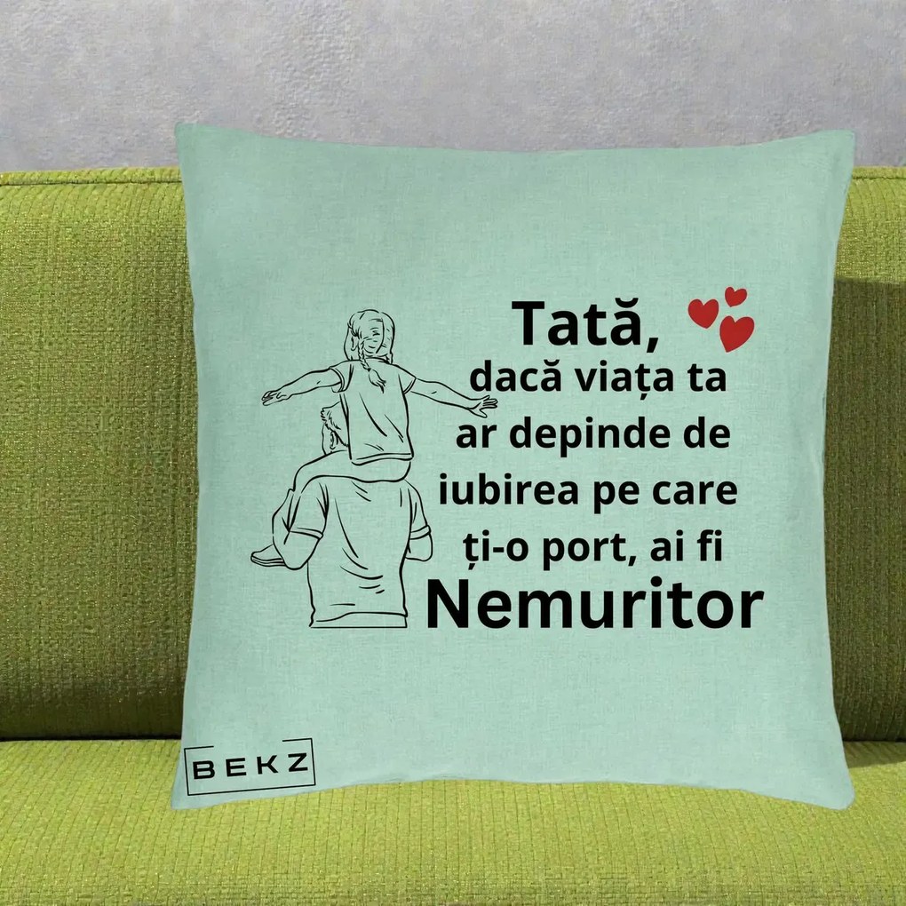 Cadou pentru Tata - Perna Personalizata Tata Supererou Nemuritor, 40x40 cm, Verde Menta, Husa Detasabila, Perna Inclusa, BEKZ®