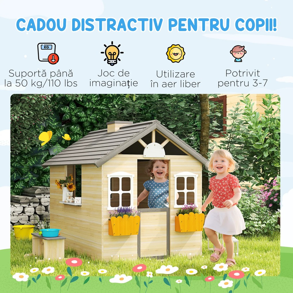 Outsunny Casa de Joaca din Lemn pentru Copii pentru Jocuri de Rol, cu Usa Functionala, Ferestre, Banca, Statie de Service, pentru Copii de 3-7 ani