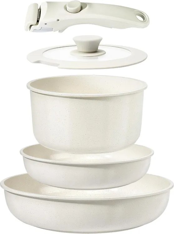 Set oale și tigăi cu mâner detașabil Goldmann GM-1005, 5 piese, Inducție, Finisaj marmură, Bej
