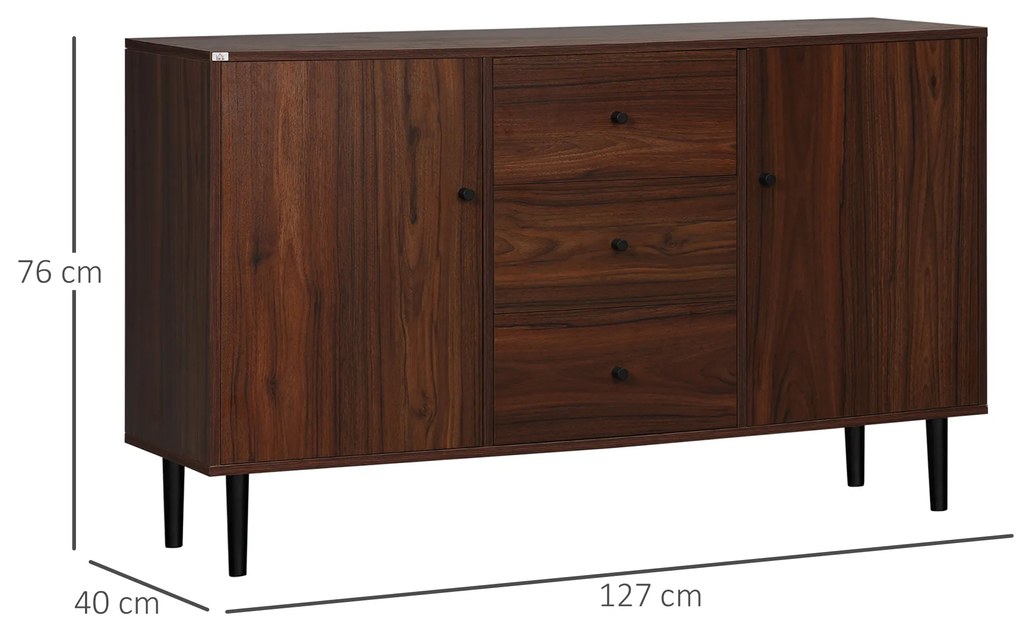 HOMCOM Bufet modern pentru sufragerie, hol din lemn si PAL cu 2 dulapuri si 3 sertare, 127x40x76 cm, maro si negru | AOSOM RO