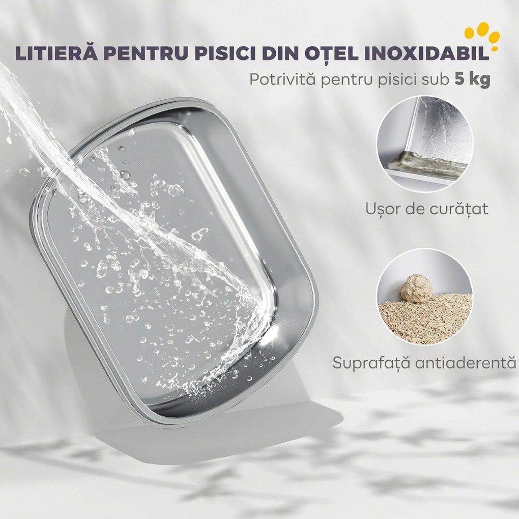 PawHut Litieră închisă pentru pisici L din oțel inoxidabil, cu mâner, lopățică și plic deodorant, anti-risipire, albă | Aosom Romania