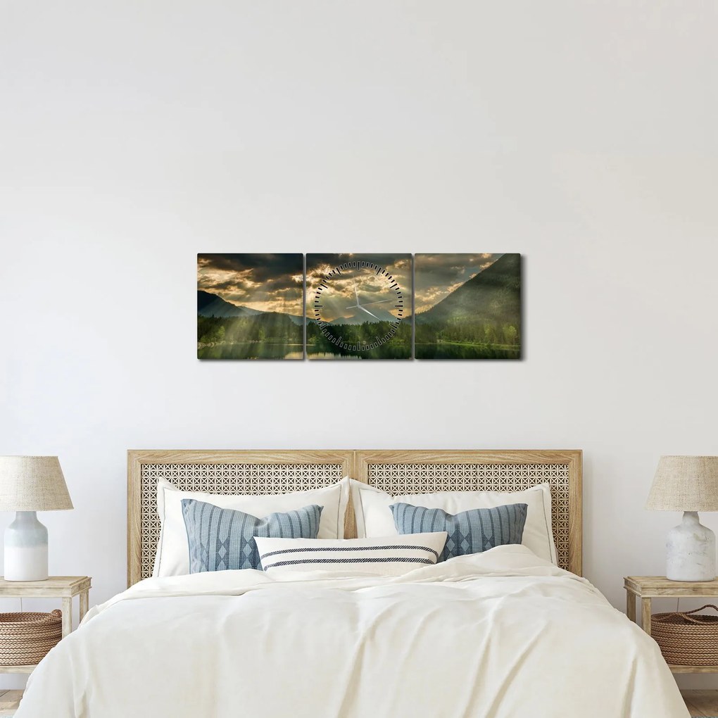 Tablou cu lac și soarele translucid (cu ceas) (90x30 cm)