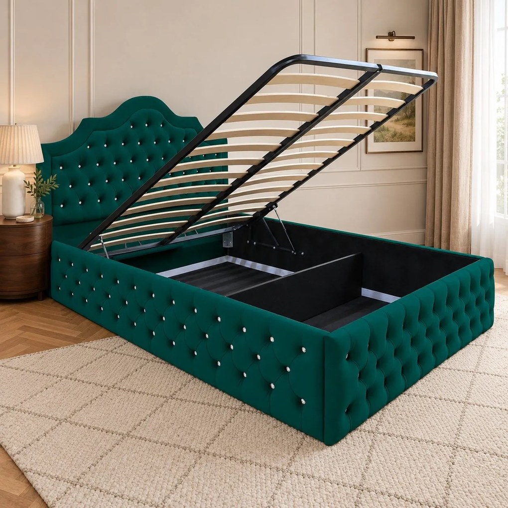 Pat tapițat Chesterfield din catifea Imperio Deluxe 140×200 cm, verde, cu ladă de depozitare