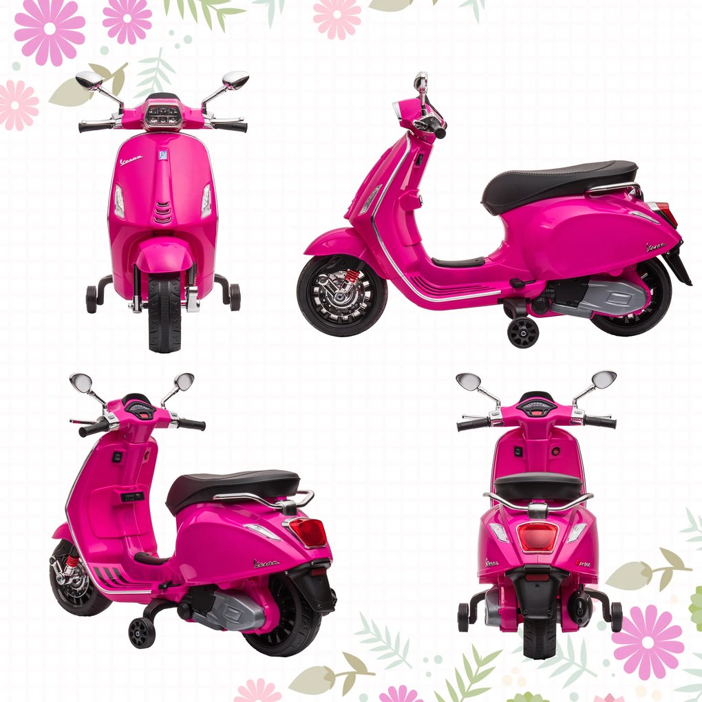AIYAPLAY Motocicletă electrică pentru copii cu licență Vespa, roți ajutătoare, far și muzică, PP și metal, 107x47x73 cm, Roz | Aosom Romania