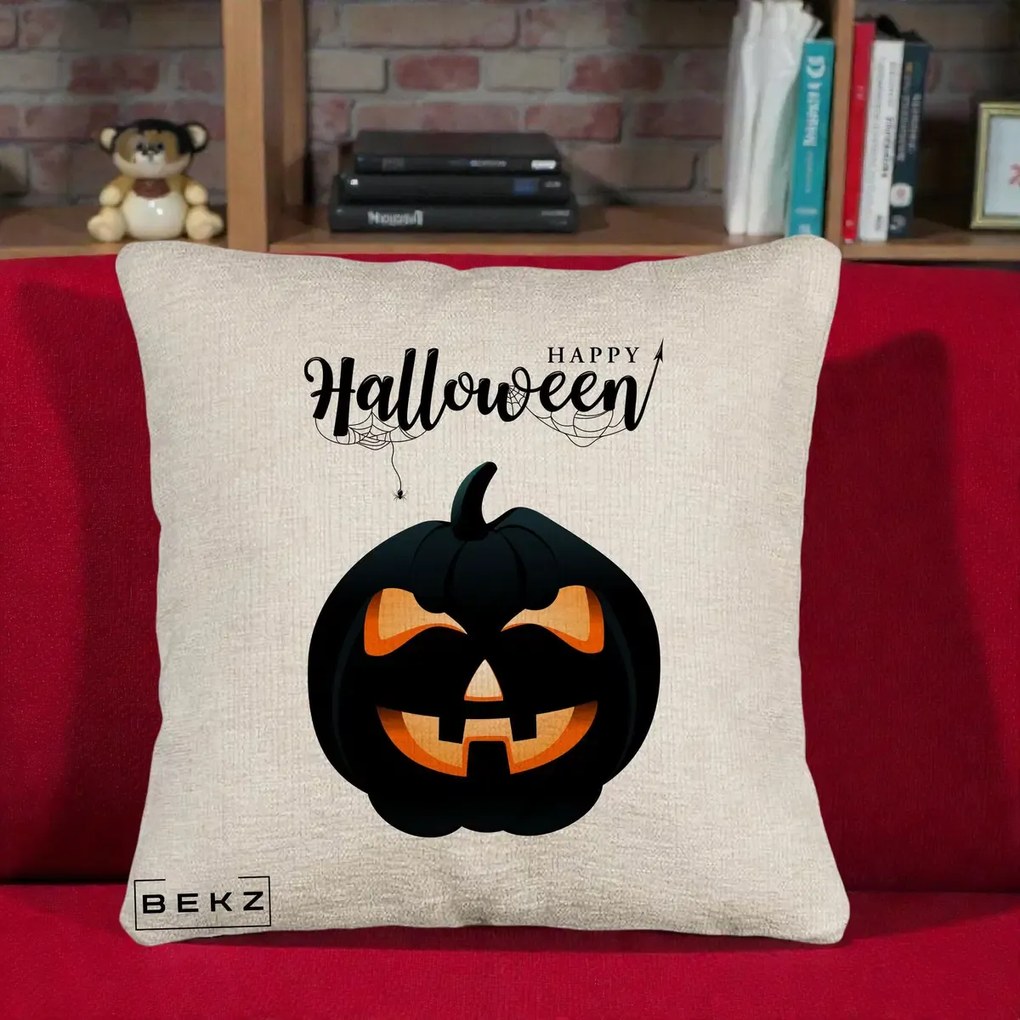 Perna Decorativa Happy Halloween Dovleac Negru cu Paianjen, 40x40 cm, Bej Canapea, Husa Detasabila, Perna Inclusa, BEKZ®
