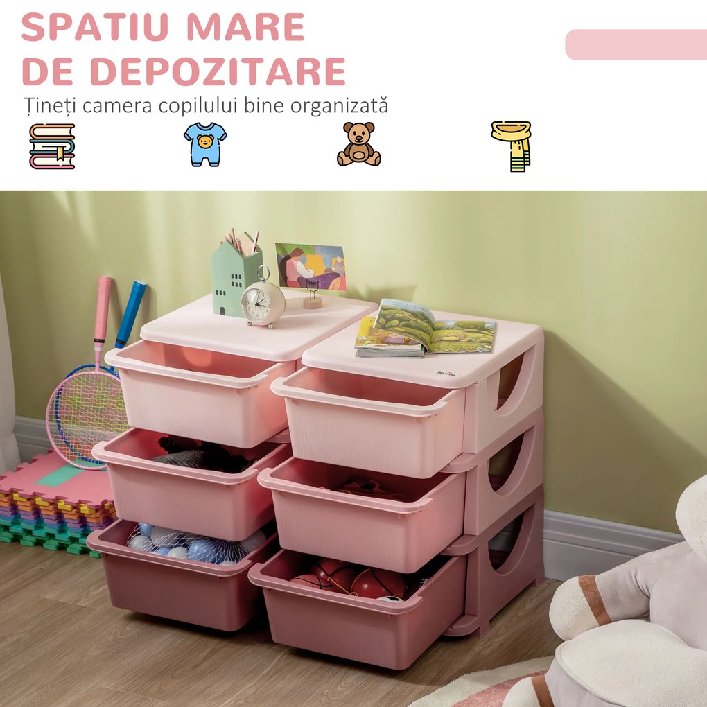 HOMCOM Comodă 6 Sertare pentru Copii cu Margini Rotunjite din PP Roz | Aosom Romania