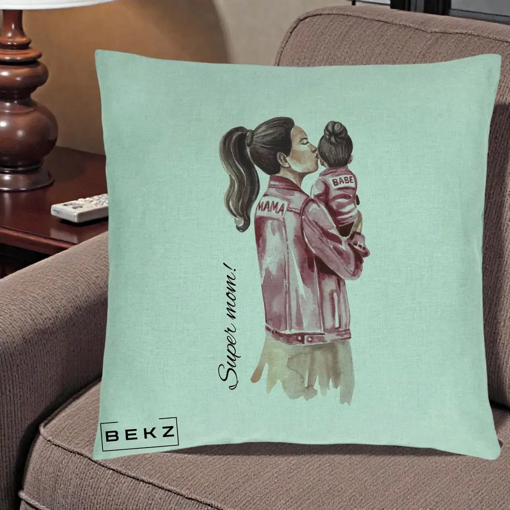 Cadou pentru Mama - Perna Personalizata Super Mom Jachete Roz, 40x40 cm, Verde Menta, Husa Detasabila, Perna Inclusa, BEKZ®