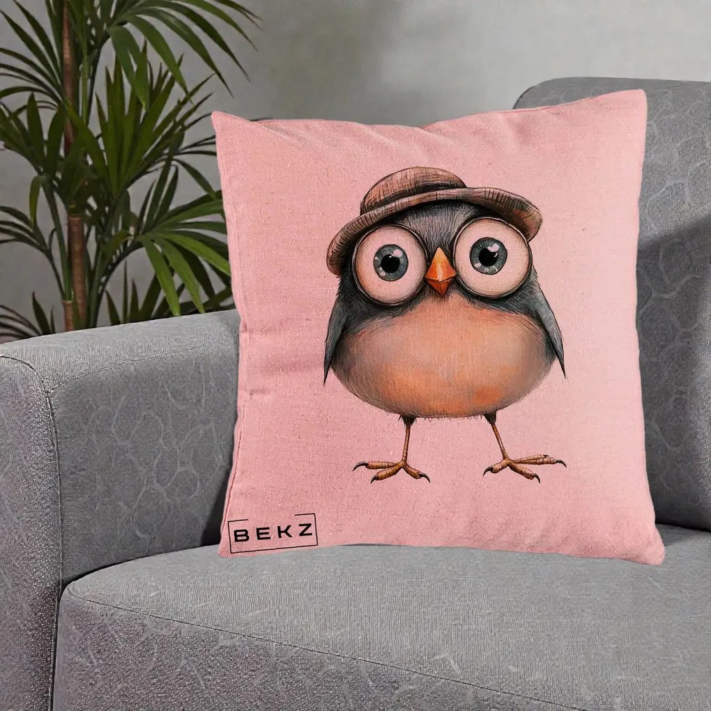 Perna Decorativa Pui cu Palarie Rotunda, 40x40 cm, Roz, Husa Detasabila, Perna Inclusa, BEKZ®
