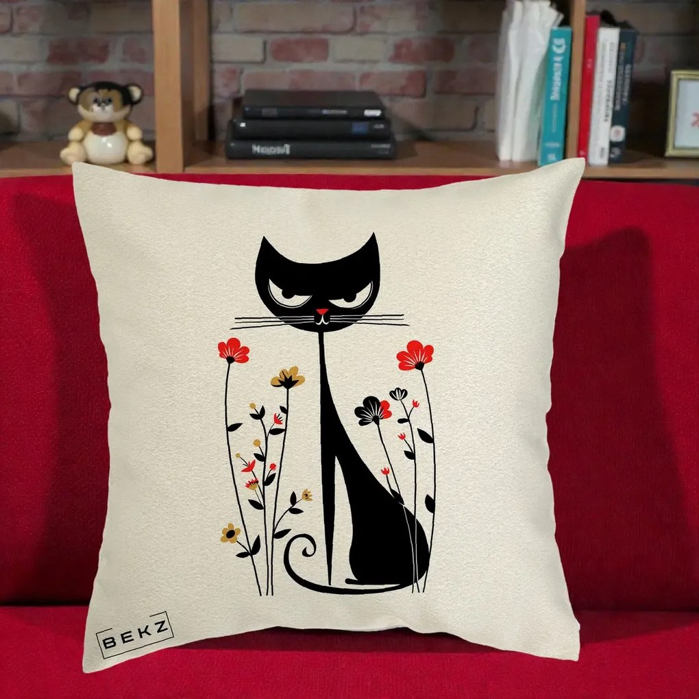 Perna Decorativa Pisica Neagra Grafica Flori Rosii, 40x40 cm, Ecru, Husa Detasabila, Perna Inclusa, BEKZ®