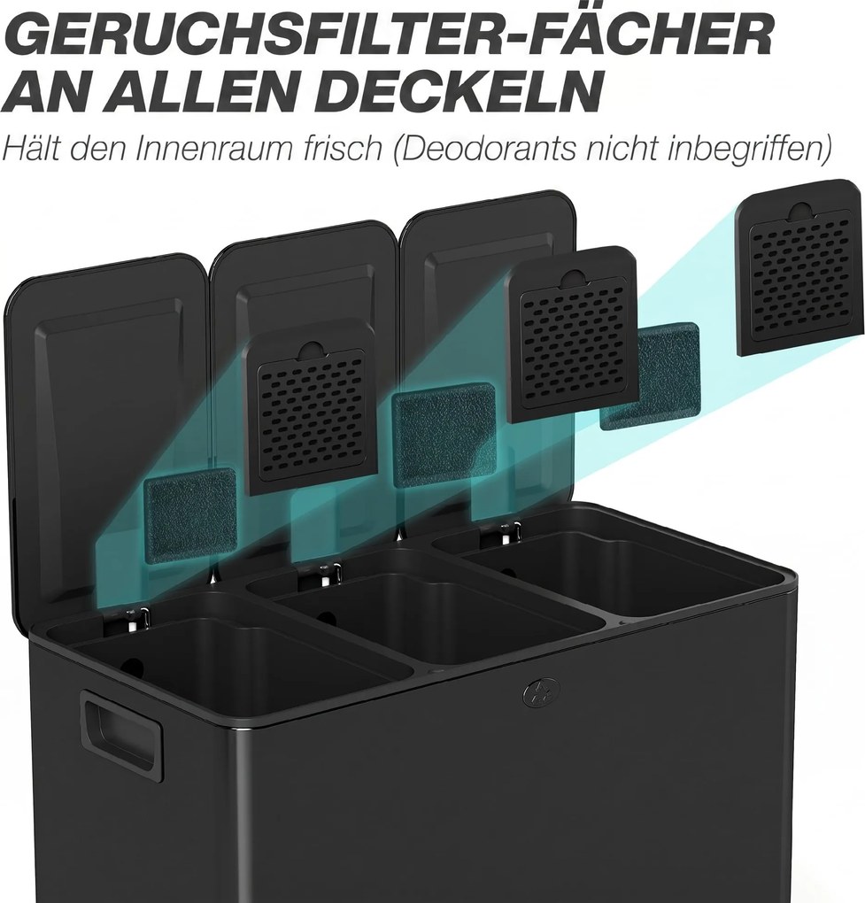 HOMCOM Coș de Gunoi cu 3 Secțiuni de 20L cu Pedală și 2 Capace cu Închidere Silențioasă, Coș de Gunoi din Oțel Inoxidabil și PP, 61.9x36.6x56.7 cm, Negru | Aosom Romania