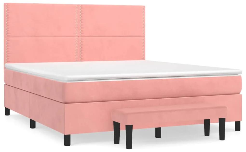 Pat box spring cu saltea, roz, 160x200 cm, catifea Roz, 160 x 200 cm, Culoare unica si cuie de tapiterie