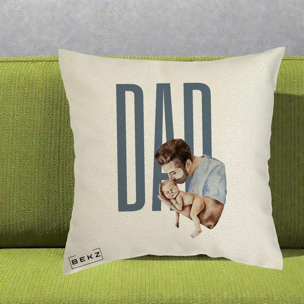Cadou pentru Tata - Perna Personalizata DAD Tata si Nou-Nascut, 40x40 cm, Ecru, Husa Detasabila, Perna Inclusa, BEKZ®