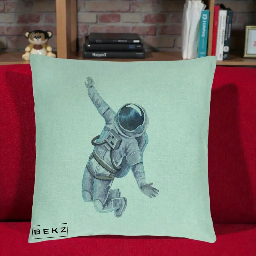 Perna Decorativa Astronaut Acuarela Zbor, 40x40 cm, Verde Menta, Husa Detasabila, Perna Inclusa, BEKZ®