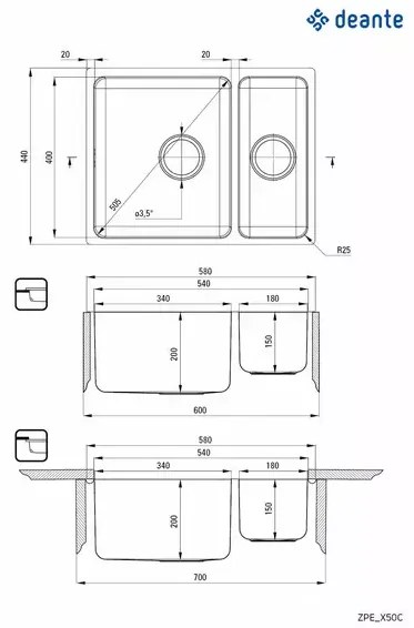 Chiuveta Deante Egeria inox satinat 2 cuve 58x44 cm