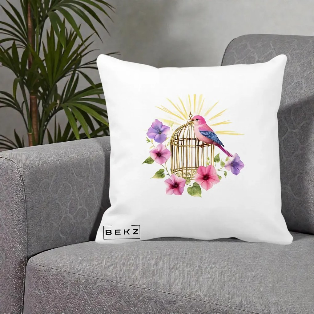 Perna Decorativa Pasare Roz pe Colivie Aurie cu Flori, 40x40 cm, Alba Mata, Husa Detasabila, Perna Inclusa, BEKZ®