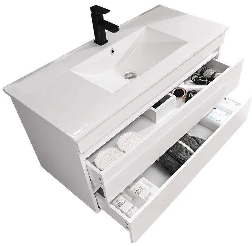 Mobilier de baie Cube 100 cm cu chiuvetă ceramică (2 sertare) și oglindă 60x100 cm vopsită în alb lucios
