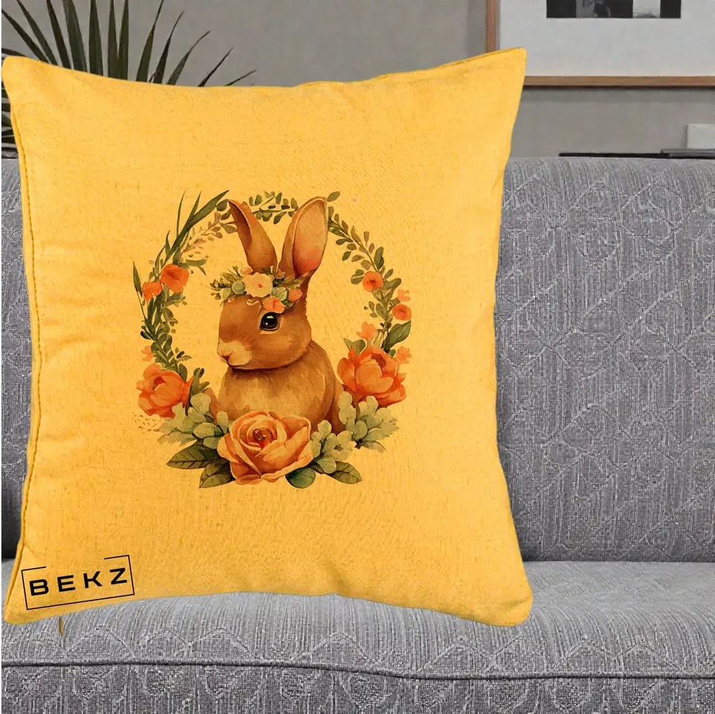 Perna Decorativa Iepuras Floral Coronita Acuarela, 40x40 cm, Galben, Husa Detasabila, Perna Inclusa, BEKZ®