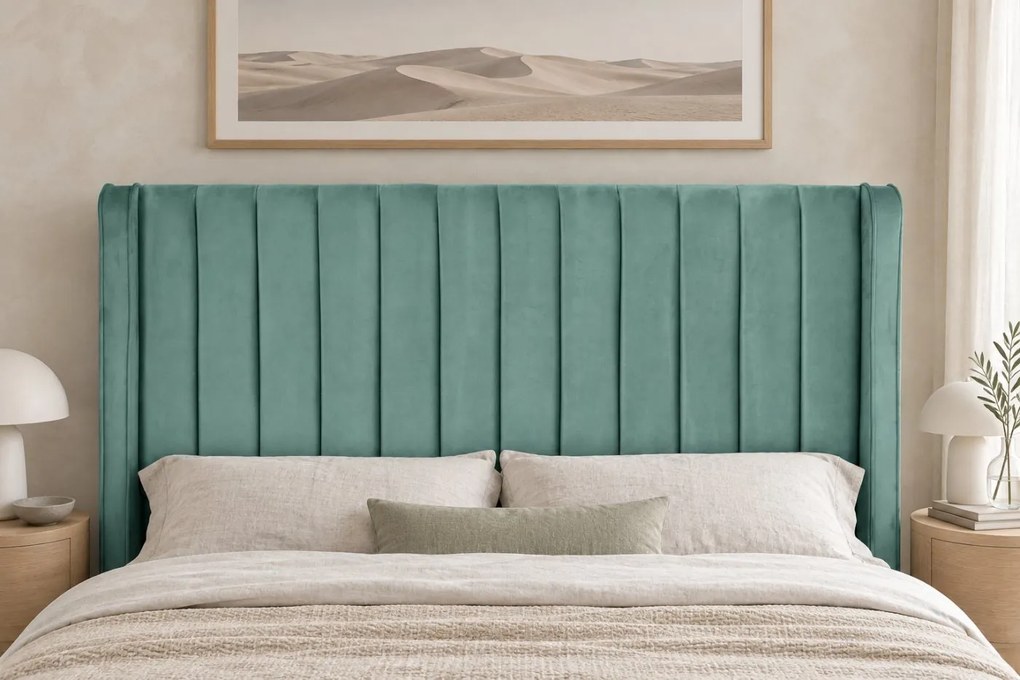 Pat tapițat din catifea Aurelia Simple 200×200 cm, verde marin, cu ladă de depozitare