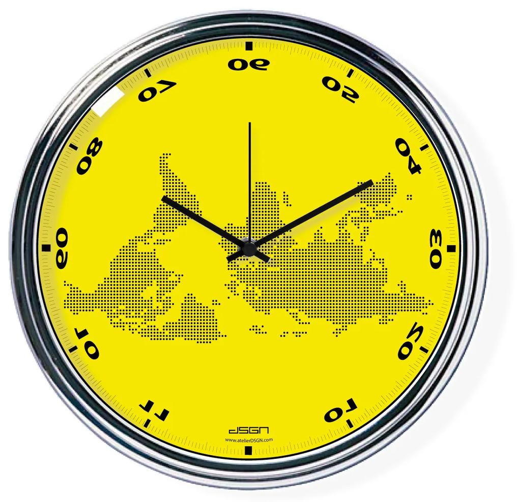 Ceas de perete inversat galben cu hartă mondială.