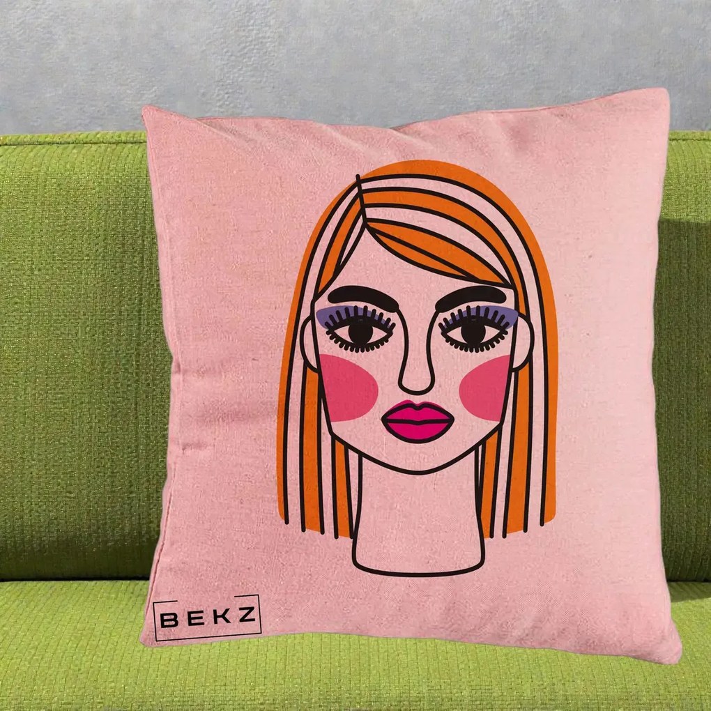 Perna Decorativa Portret Pop Art Fata, 40x40 cm, Roz, Husa Detasabila, Perna Inclusa, BEKZ®