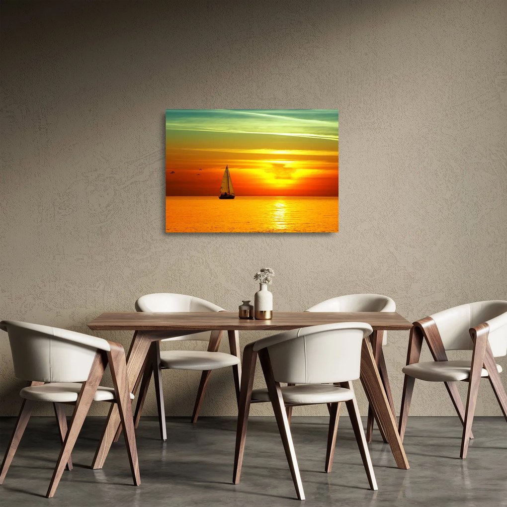 Tablou pe sticlă cu apus de soare și iaht (70x50 cm)