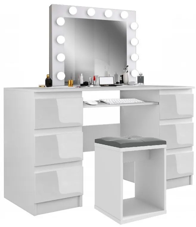 SEA540 - Set Masa toaleta, 130 cm, cosmetica machiaj, masuta vanity, oglinda cu LED-uri - Alb Lucios sau Mat