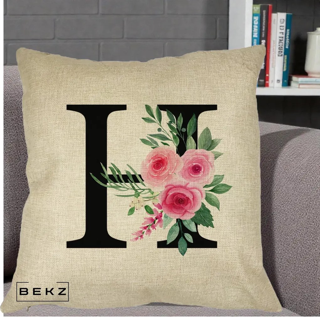 Cadou Personalizat - Perna Personalizata Monograma Florala Litera H cu Trandafiri Roz, 40x40 cm, Crem, Husa Detasabila, Perna Inclusa, BEKZ®