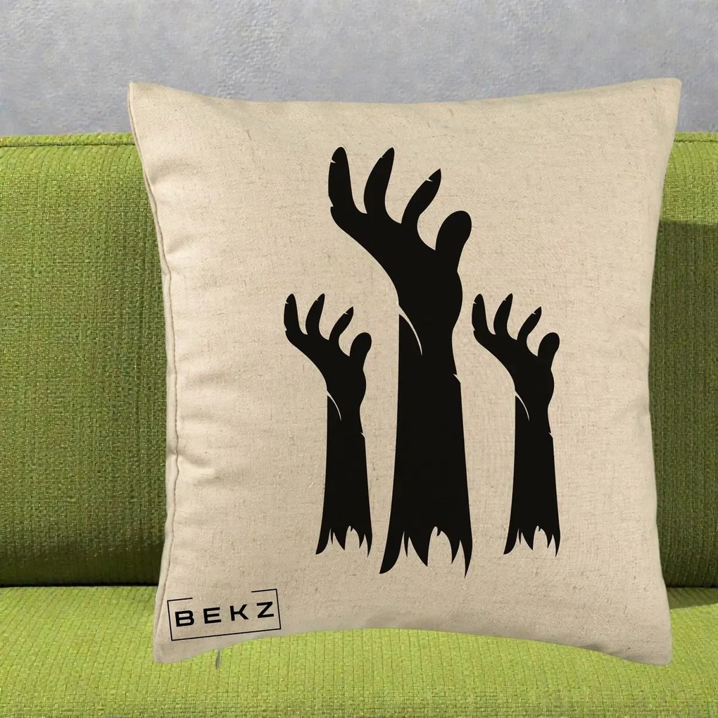 Perna Decorativa Halloween Maini Zombie Alb-Negru, 40x40 cm, Bej, Husa Detasabila, Perna Inclusa, BEKZ®