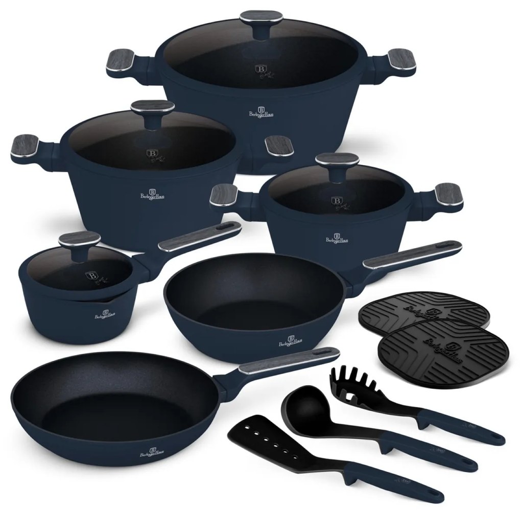 Set oale si tigai cu capace si ustensile 15 piese Deep Sea Berlinger Haus BH 8382, albastru mat, antiaderente, compatibile inductie