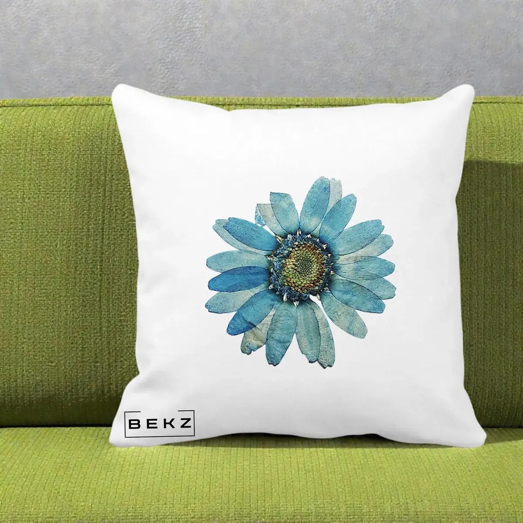 Perna Decorativa Floare Margareta Albastra Acuarela, 40x40 cm, Alba Mata, Husa Detasabila, Perna Inclusa, BEKZ®