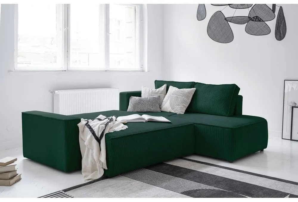 Colțar verde închis extensibil cu tapițerie din catifea reiată (cu colț pe partea dreaptă) Brave Dave – Miuform