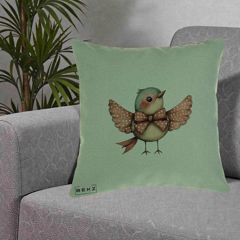 Perna Decorativa Pasare Roz cu Aripi si Fundita, 40x40 cm, Verde, Husa Detasabila, Perna Inclusa, BEKZ®