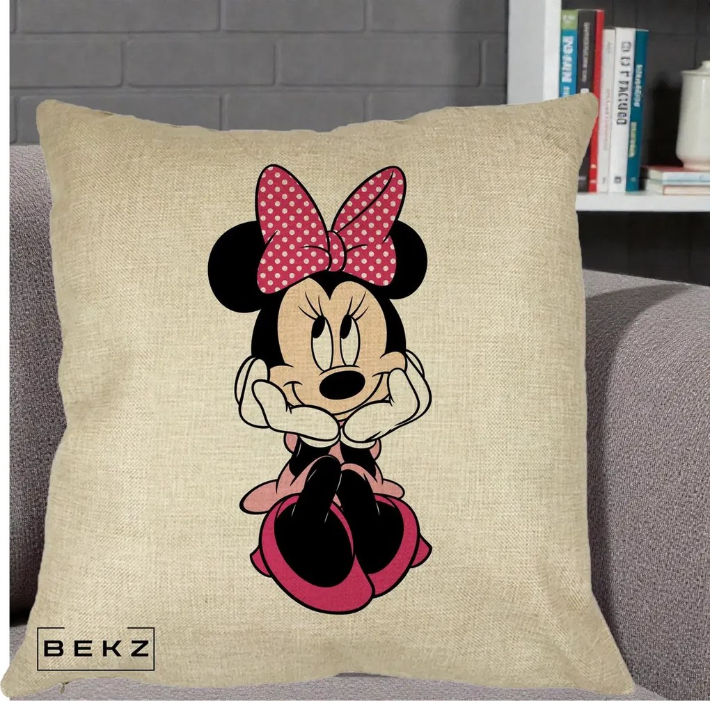 Perna Personalizata Minnie Mouse cu Fundita, 40x40 cm, Crem, Husa Detasabila, Perna Inclusa, BEKZ®