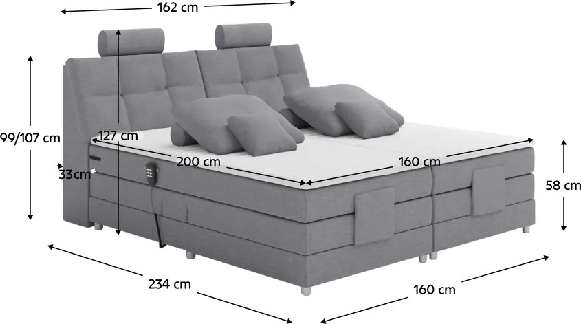 Pat electric reglabil, arcuri, gri, 160x200, POLERMA NEW