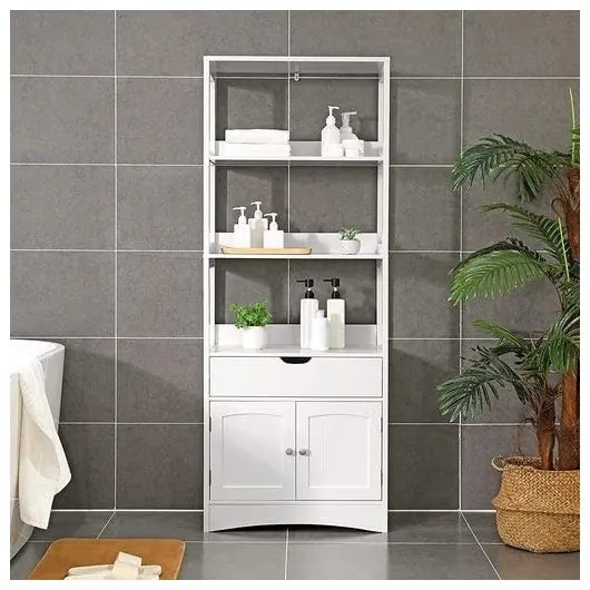 Dulap Inalt De Depozitare Pentru Baie, Cu 3 Rafturi, 1 Sertar Si 2 Usi, Alb, 60 Cm