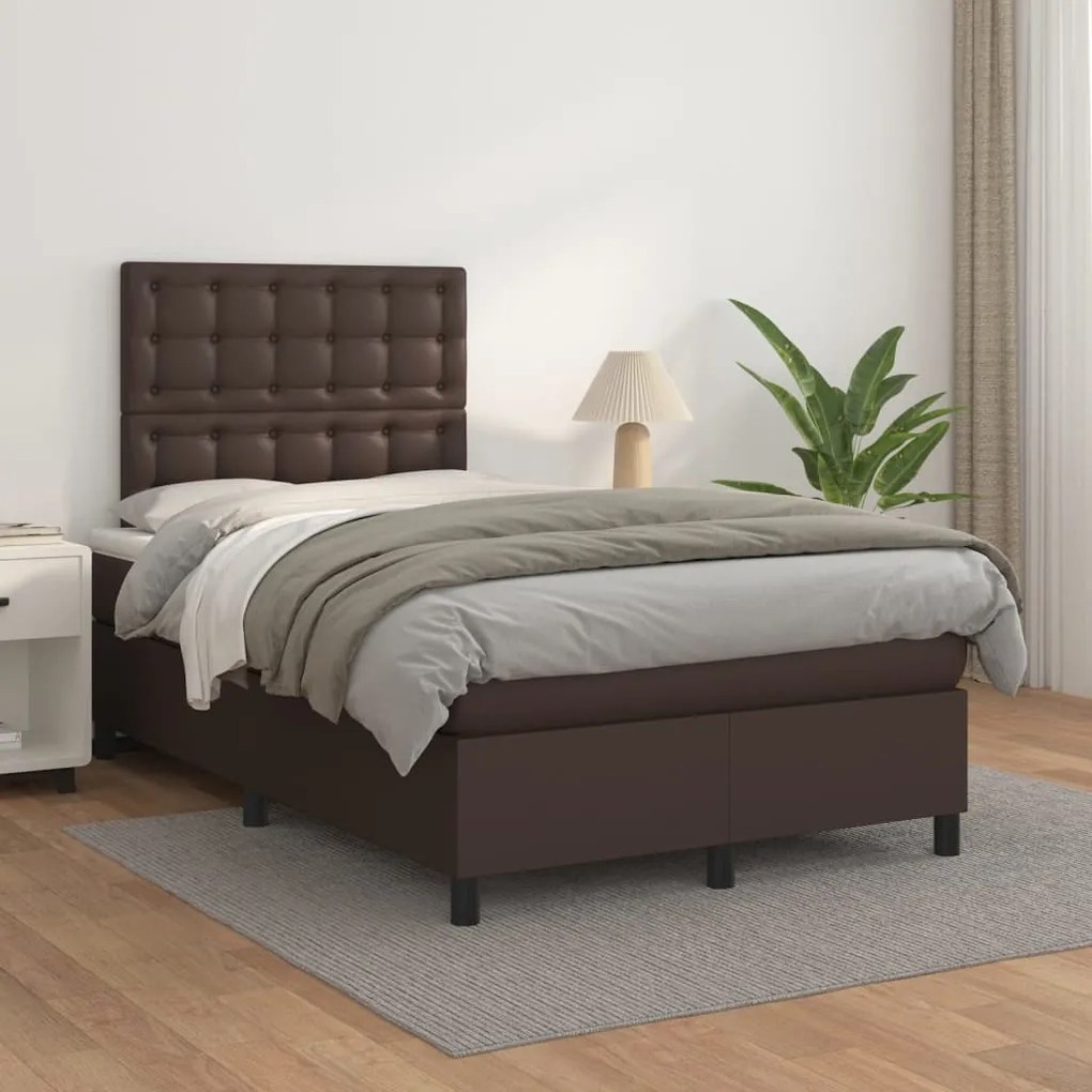 3142836 vidaXL Pat box spring cu saltea, maro, 120x200 cm, piele ecologică