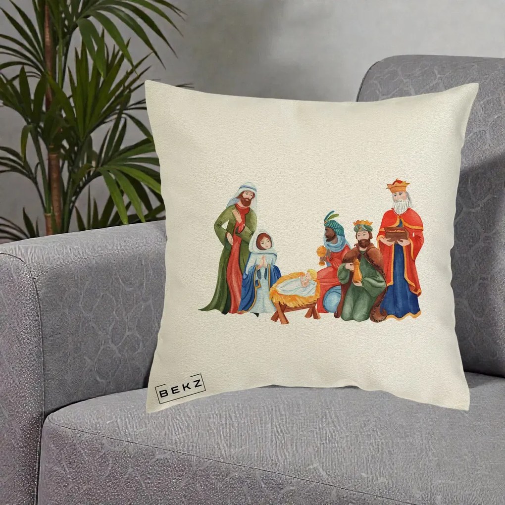 Perna Decorativa Nasterea Domnului Cei Trei Magi Acuarela, 40x40 cm, Ecru, Husa Detasabila, Perna Inclusa, BEKZ®