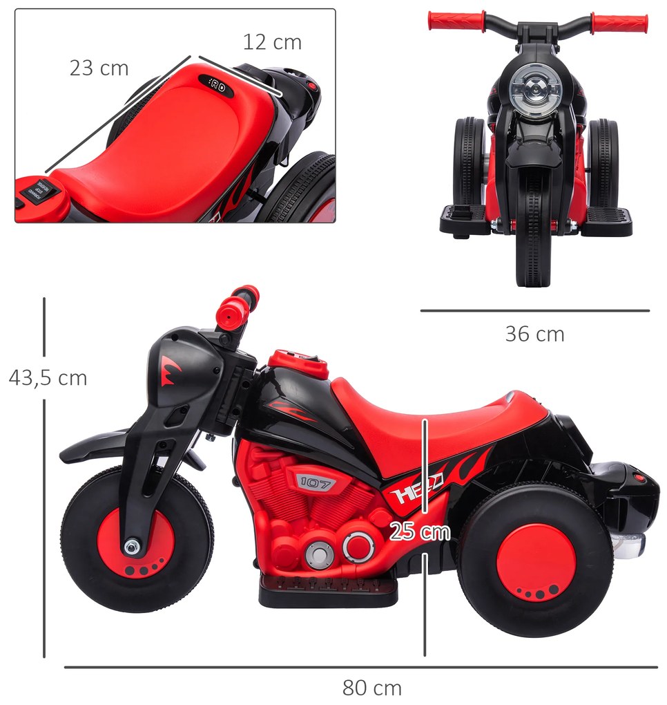 AIYAPLAY Motocicletă electrică pentru copii 2-5 ani, 3 roți, 6 V, 3 km/h, cu funcție de bule, efecte luminoase și sonore, roșu | Aosom Romania