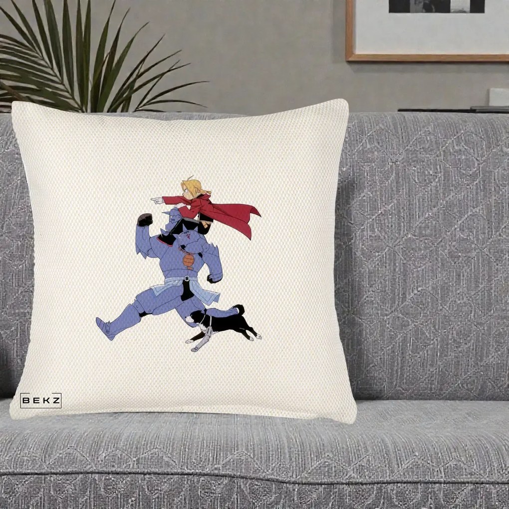 Perna Personalizata Fullmetal Alchemist Edward si Alphonse, 40x40 cm, Crem Reliefat, Husa Detasabila, Perna Inclusa, BEKZ®