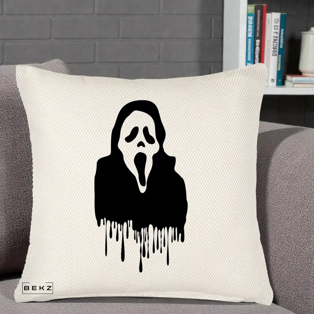 Perna Personalizata Halloween Ghostface Scream Picurand, 40x40 cm, Crem Reliefat, Husa Detasabila, Perna Inclusa, BEKZ®