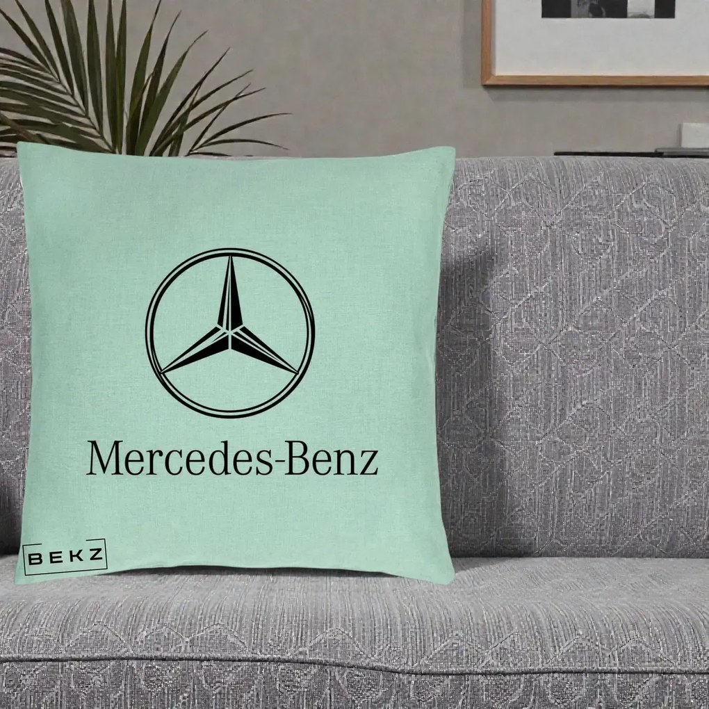 Perna Personalizata cu emblema Mercedes-Benz, 40x40 cm, Verde Menta, Husa Detasabila, Perna Inclusa, BEKZ®