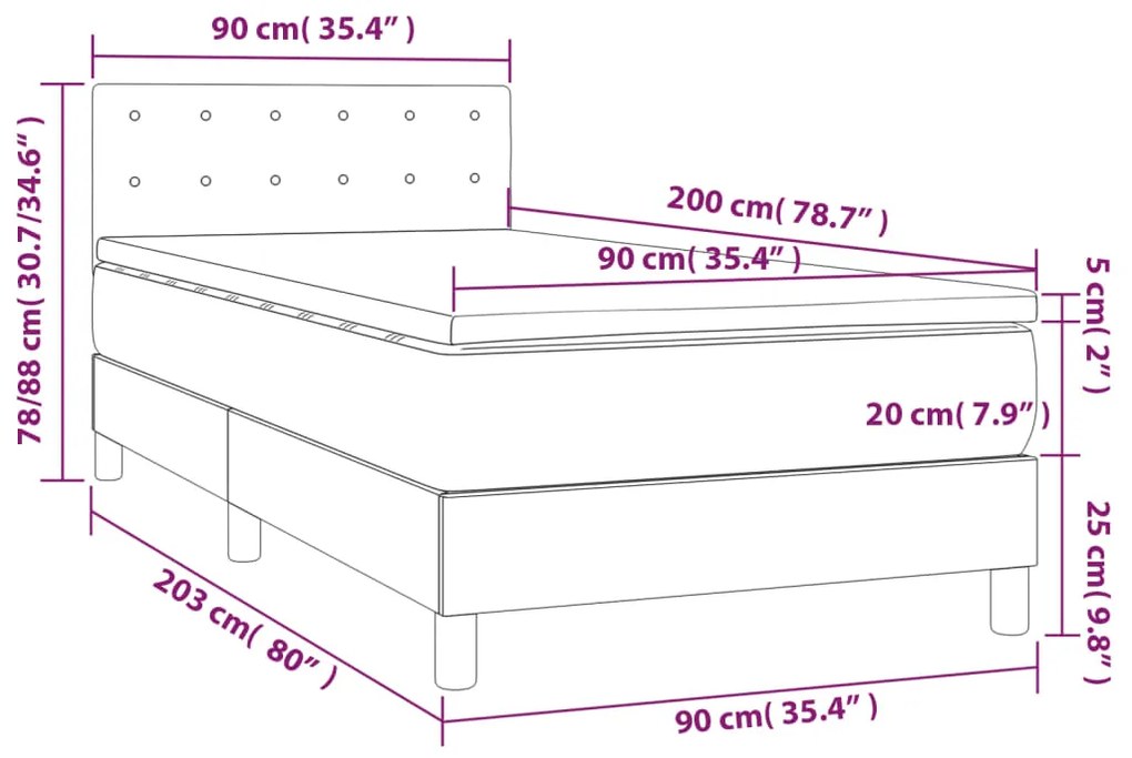 Pat cu arcuri, saltea si LED, maro, 90x200 cm, piele ecologica Maro, 90 x 200 cm, Nasturi de tapiterie